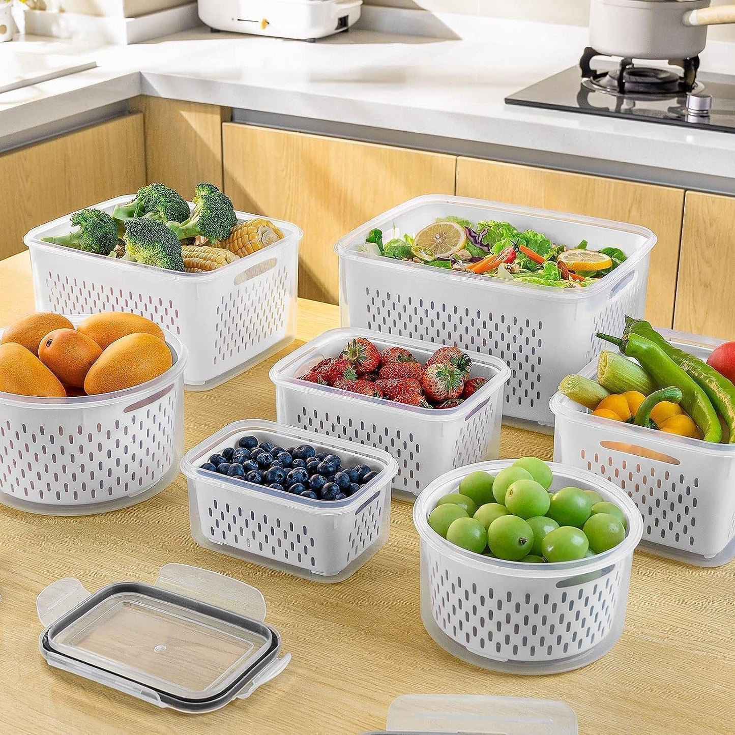 Skiennix Fruit Storage Containers - 5 PCS Leakproof Set with Removable Colander & Chopper | Dishwasher & Microwave Safe
