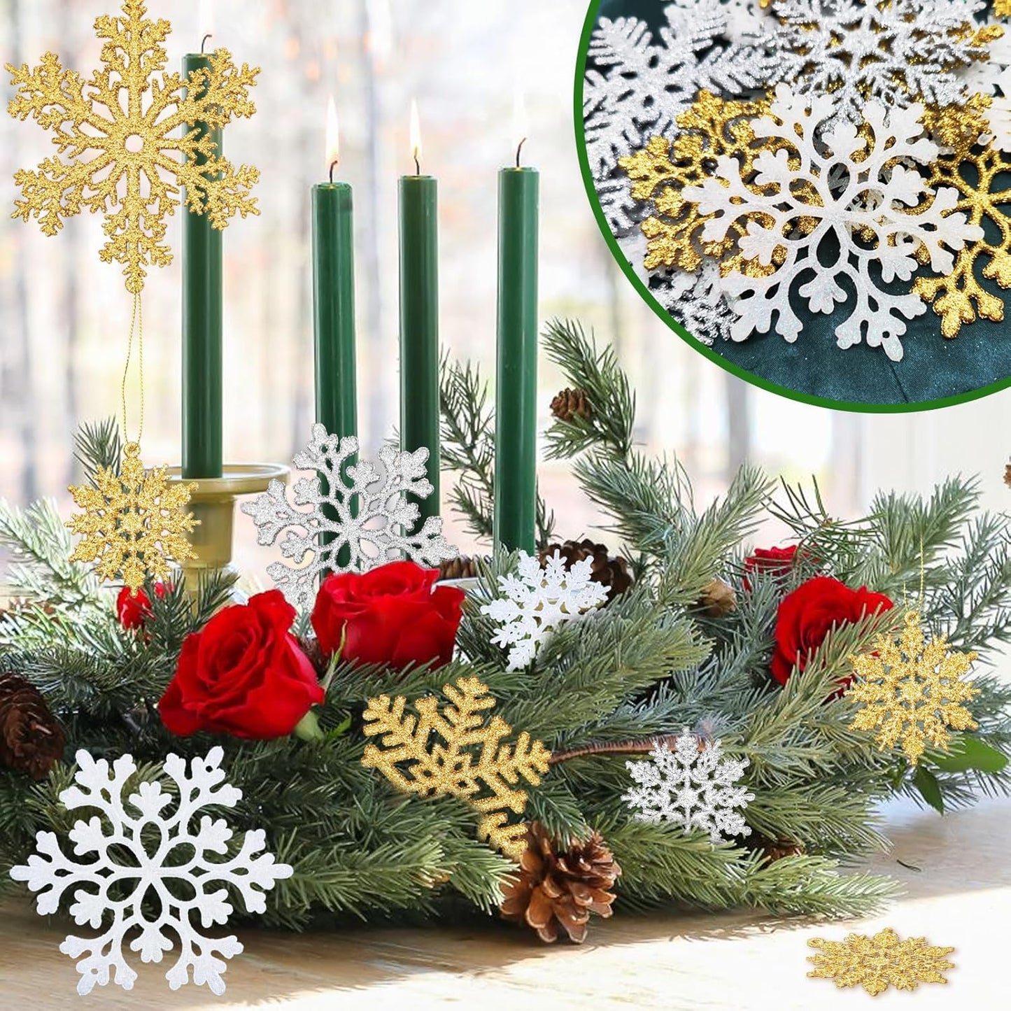 NEWMIAO Snowflake Ornaments - 36pcs Glitter Plastic Christmas Tree Decorations | 5 Unique Patterns