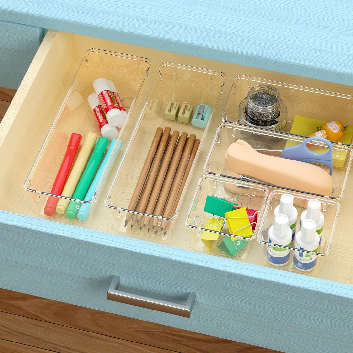 WOWBOX Clear Drawer Organizer Set - 6 Pack Acrylic Storage Trays for Makeup, Jewelry & Office Supplies
