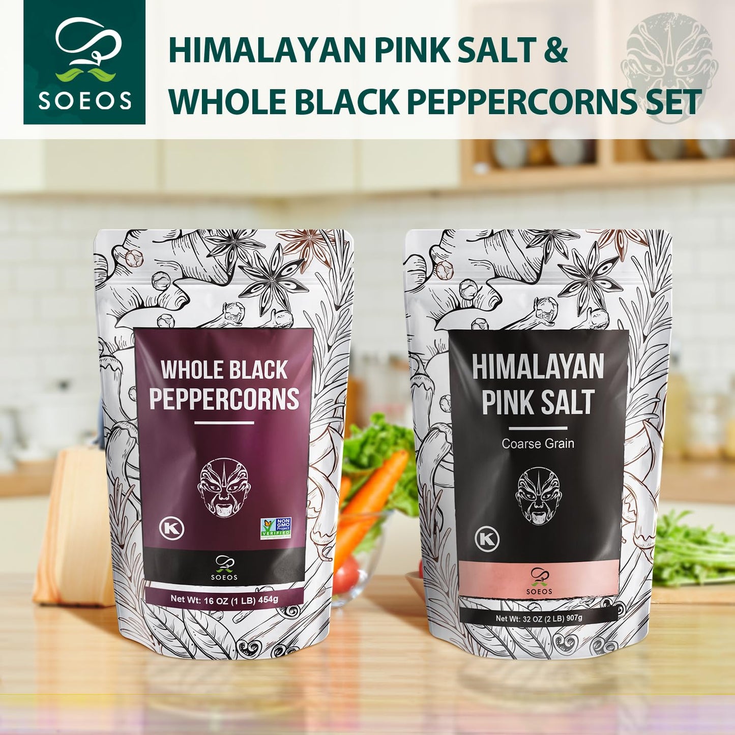 Soeos Whole Black Peppercorns & Himalayan Pink Salt Set - 12oz Peppercorns + 2lb Pink Salt