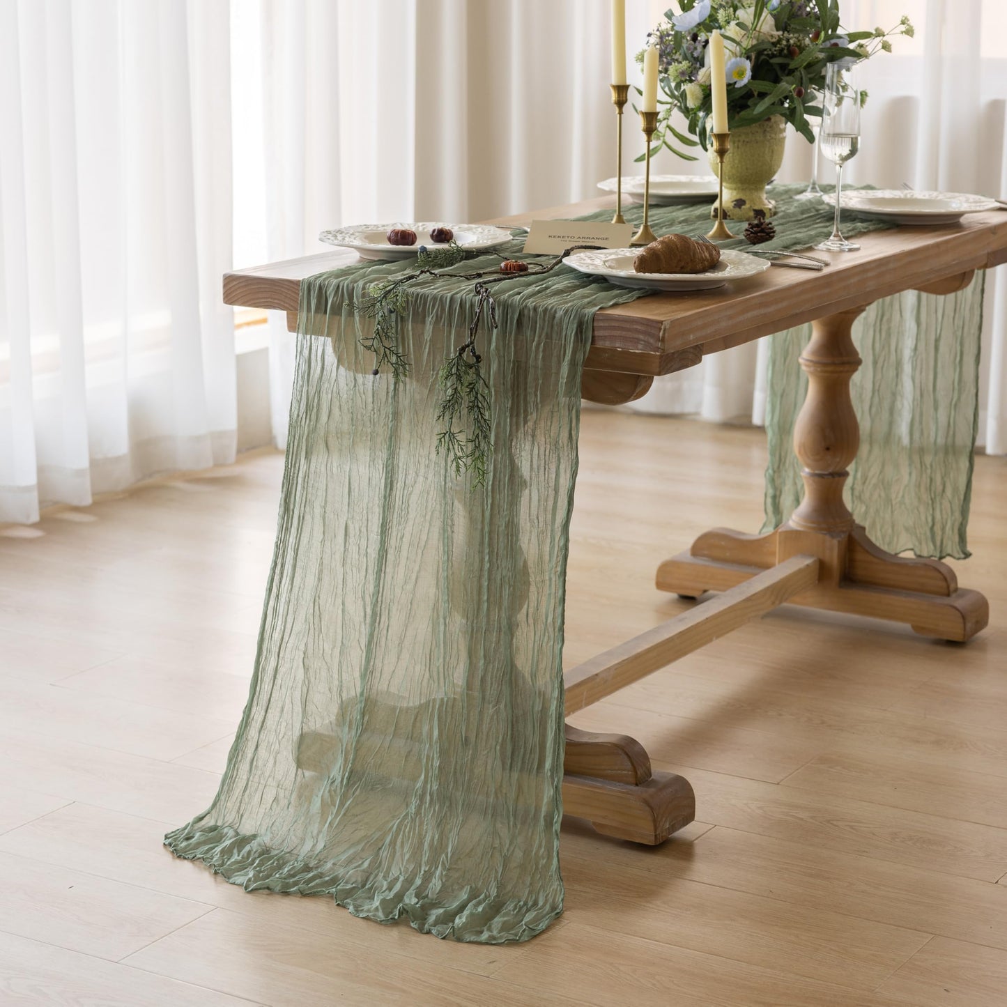 Keketoarrange Sage Green Table Runner Sheer French Country Decor Rustic Gauze Bali Yarn Cheesecloth 120 Inch 10 FT Cheese Cloth for Wedding Baby Bridal Shower Party Spring Summer Home Decorations
