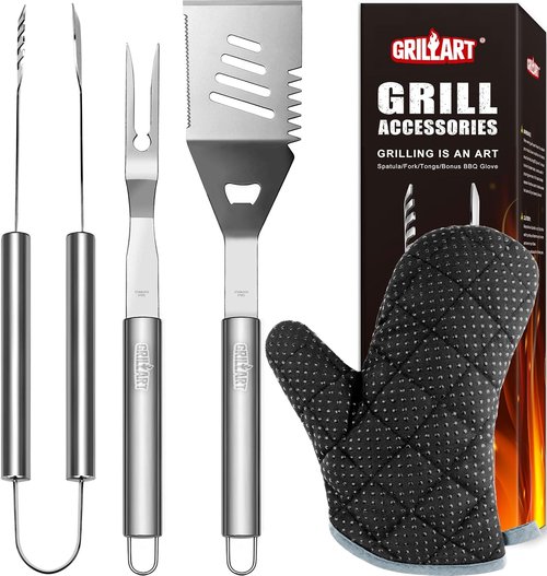 GRILLART BBQ Grill Tools Set - 3-Piece Stainless Steel Utensils with Insulated Glove | Perfect for Outdoor Grilling