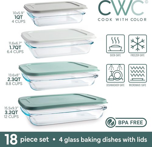 Cook With Color 8-Piece Deep Glass Baking Dish Set - Versatile Casserole & Food Storage Containers, Sage