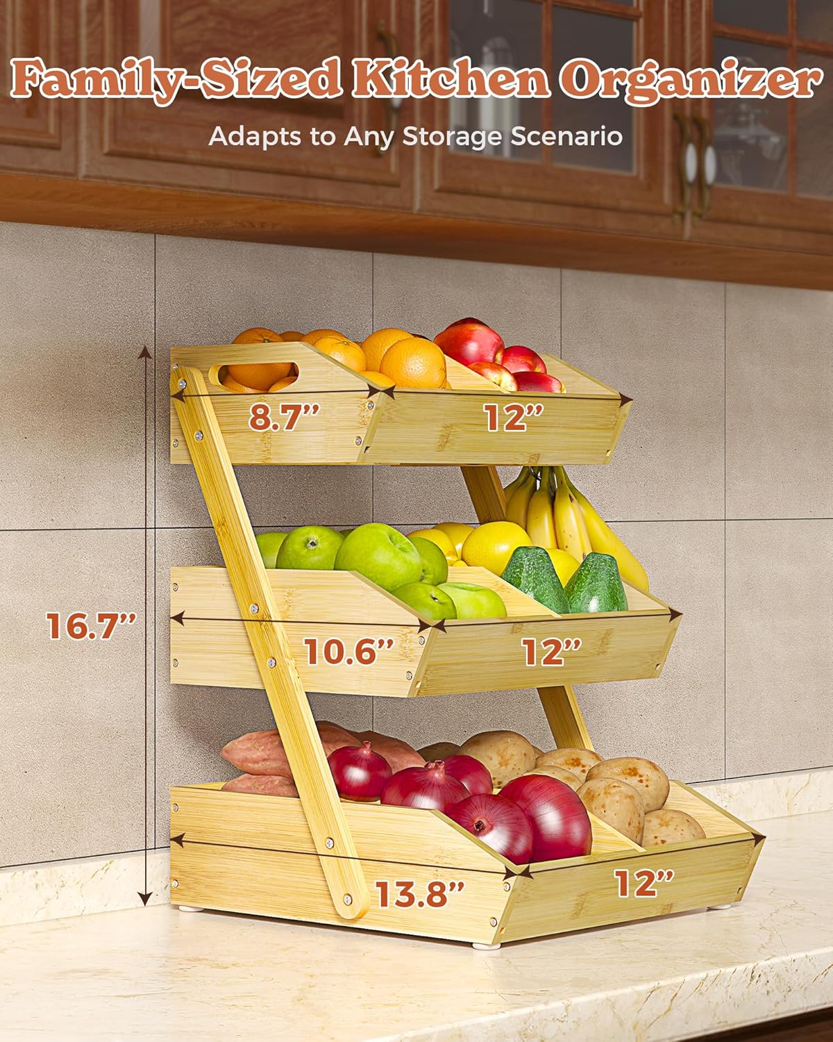 Sevenblue 3-Tier Bamboo Fruit Basket - Large Kitchen Counter Organizer with Banana Holders & Mats