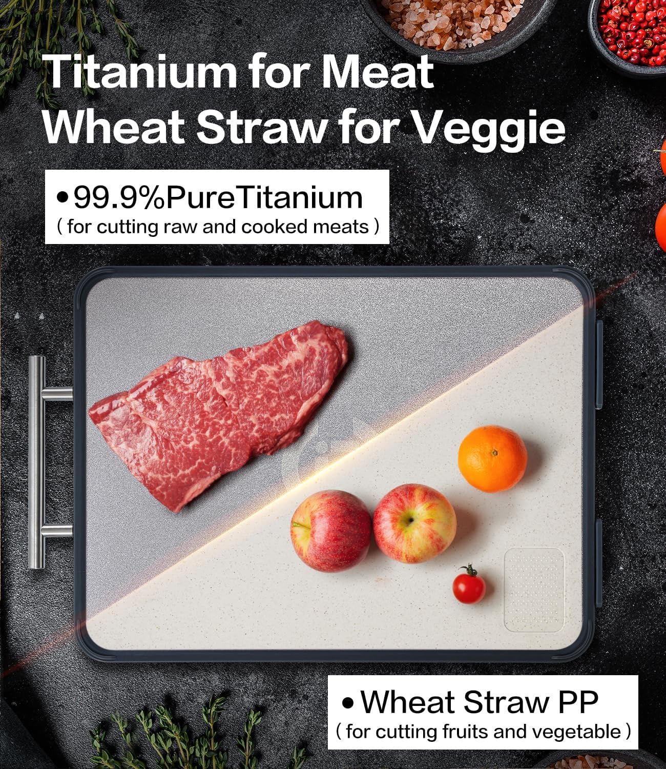 Titanium Cutting Board - Double-Sided Food-Grade Board with Stand | Textured Titanium for Meat, PP for Veggies (14.5”×11”)