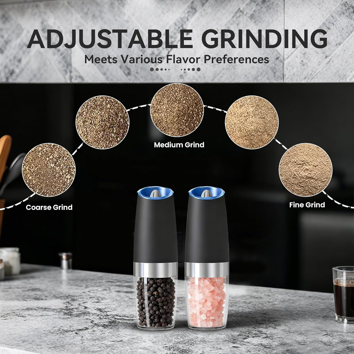 UNNEES Electric Salt and Pepper Grinder Set - Automatic, Adjustable Roughness, LED Light | 2 Pack (Black)