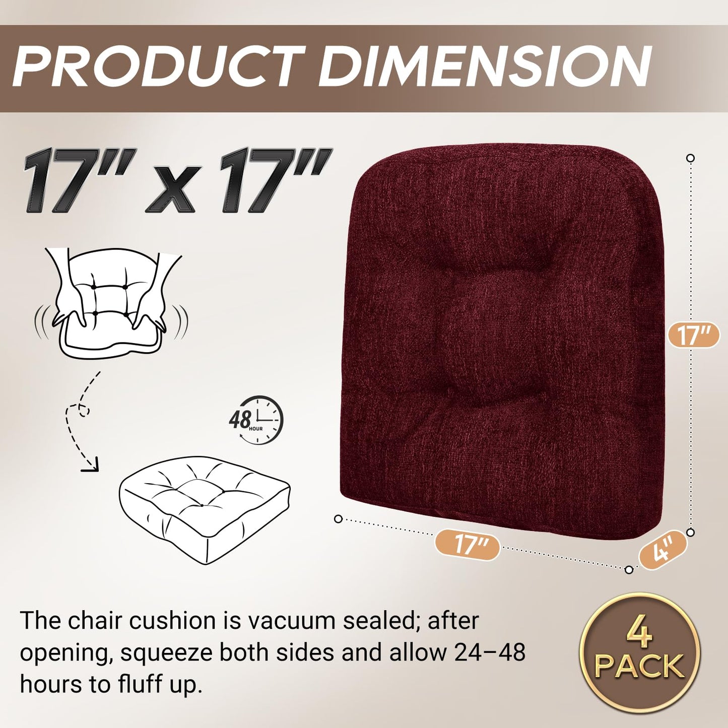 Basic Beyond Chair Cushions for Dining Chairs, Non-Slip Chair Pads, Thick Seat Cushions for Dining Room Chairs, Kitchen Chair Cushions Set of 4, 17" x 17" x 4", Burgundy