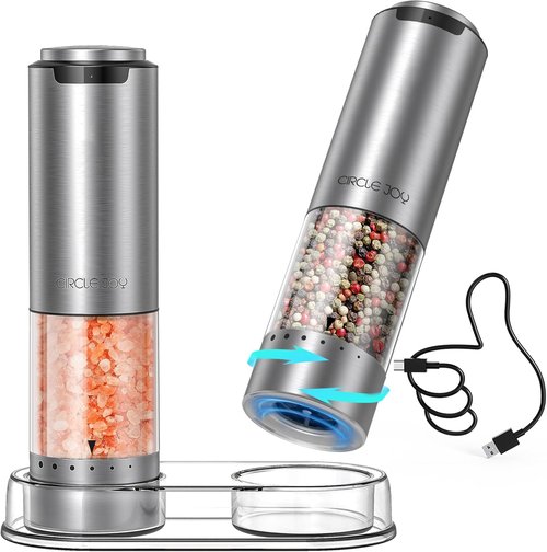 CIRCLE JOY Rechargeable Electric Salt and Pepper Grinder Set - Stainless Steel Mills with LED Light & Adjustable Coarseness, Silver