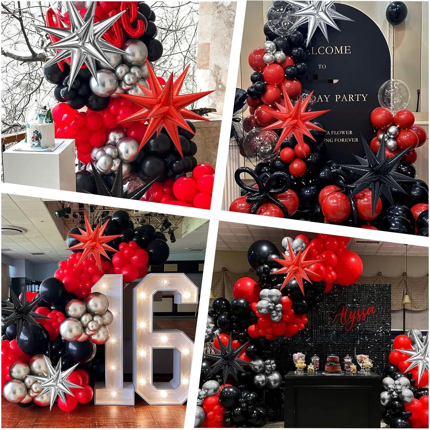 Red & Black Balloon Arch Kit - 3 Star Balloons & Garland for Birthday, Graduation & New Year Celebrations