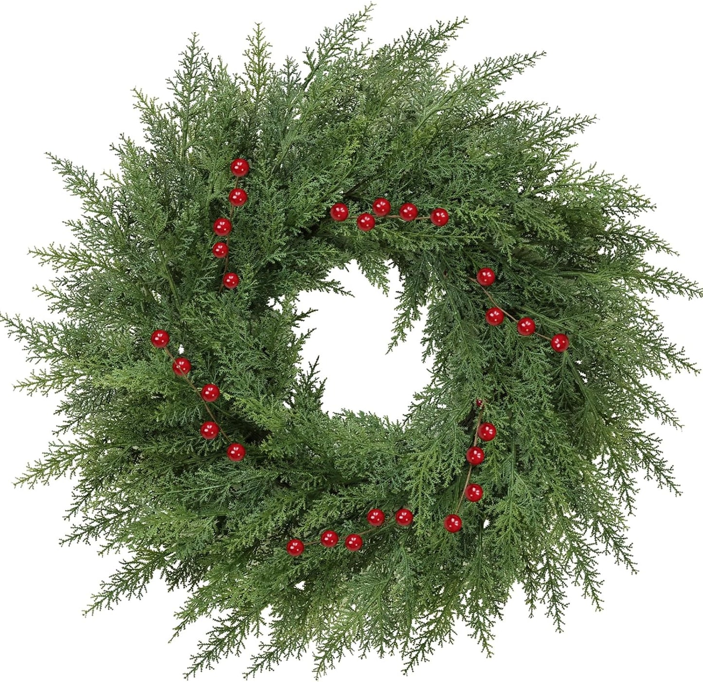 Lush Christmas Wreath - 24-Inch Real Touch Faux Cedar with Red Berries | Indoor & Outdoor Holiday Decor