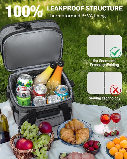HORJONES Large Lunch Box for Men/Women Dual-Compartment Insulated Lunch Bag,Adults Expandable Leakproof Cooler Bag Lunch Tote with Adjustable Shoulder Strap for Work Camping Picnic,Grey 24-Can(14L)