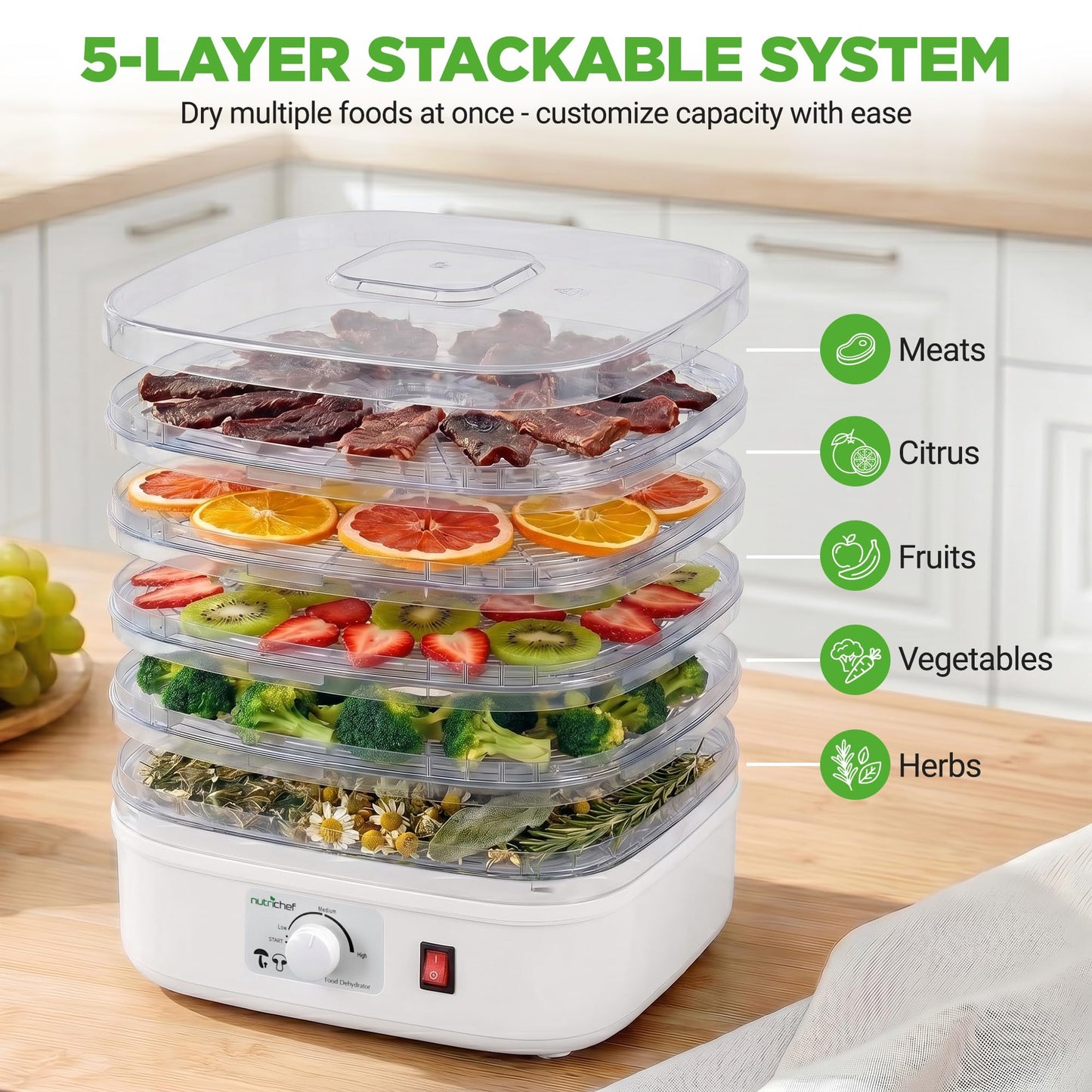 Nutrichef Food Dehydrator Machine | Dehydrates Beef Jerky, Meat, Food, Fruit, Vegetables & Dog Treats | Great For At Home Use | High-Heat Circulation for Even Dehydration | 5 Easy to Clean Trays