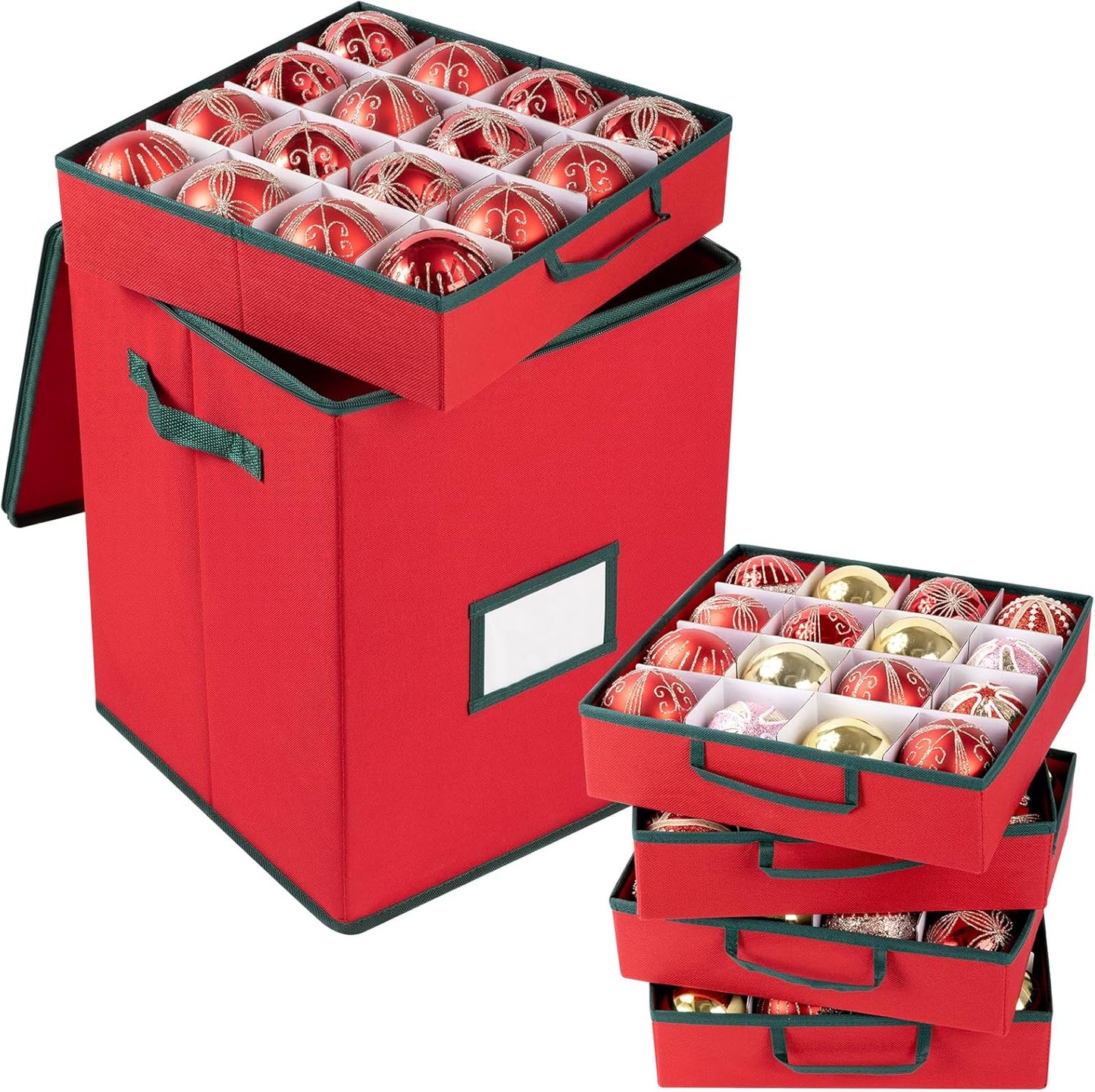 OIAHOMY Christmas Ornament Storage Box - Holds 80 Ornaments with Trays & Zippers | Durable 600D Oxford Fabric - Red