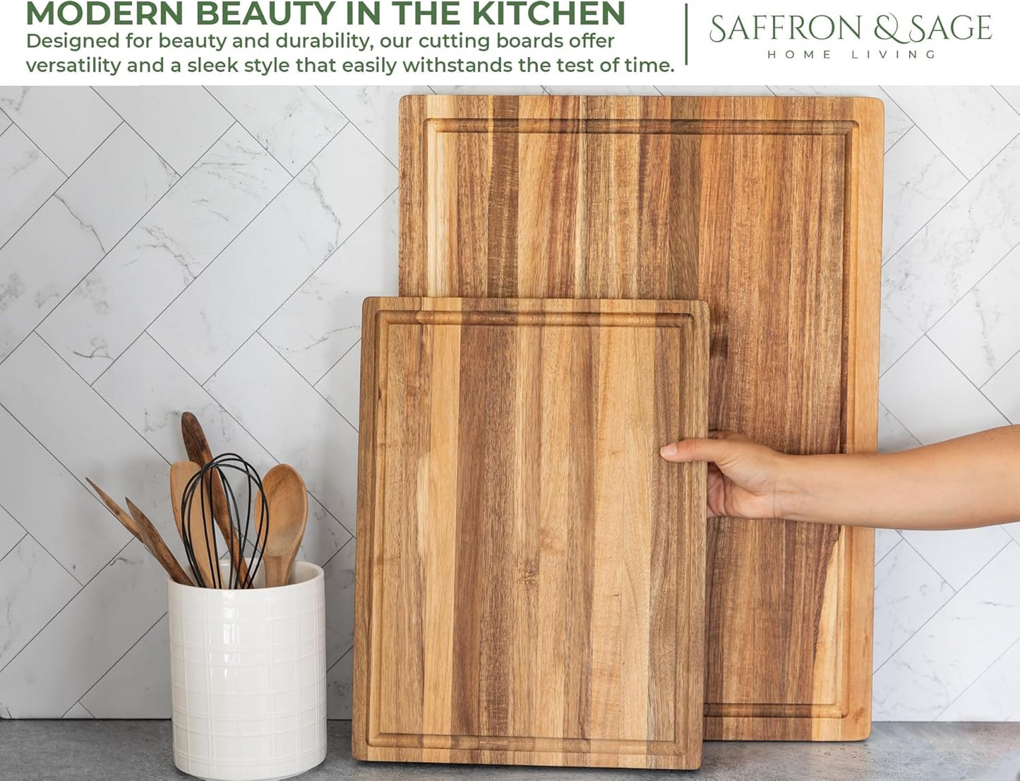 Saffron & Sage Large Wood Cutting Board - Thick 16 x 12 x 1.5 Inch Acacia with Juice Groove | Reversible Chopping & Charcuterie Board