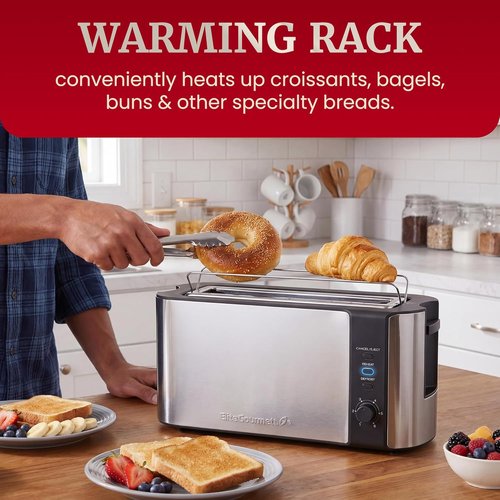 Elite Gourmet ECT3200 Slim 2-Slice Toaster - Extra Wide Slots, 6 Settings, Stainless Steel & Black