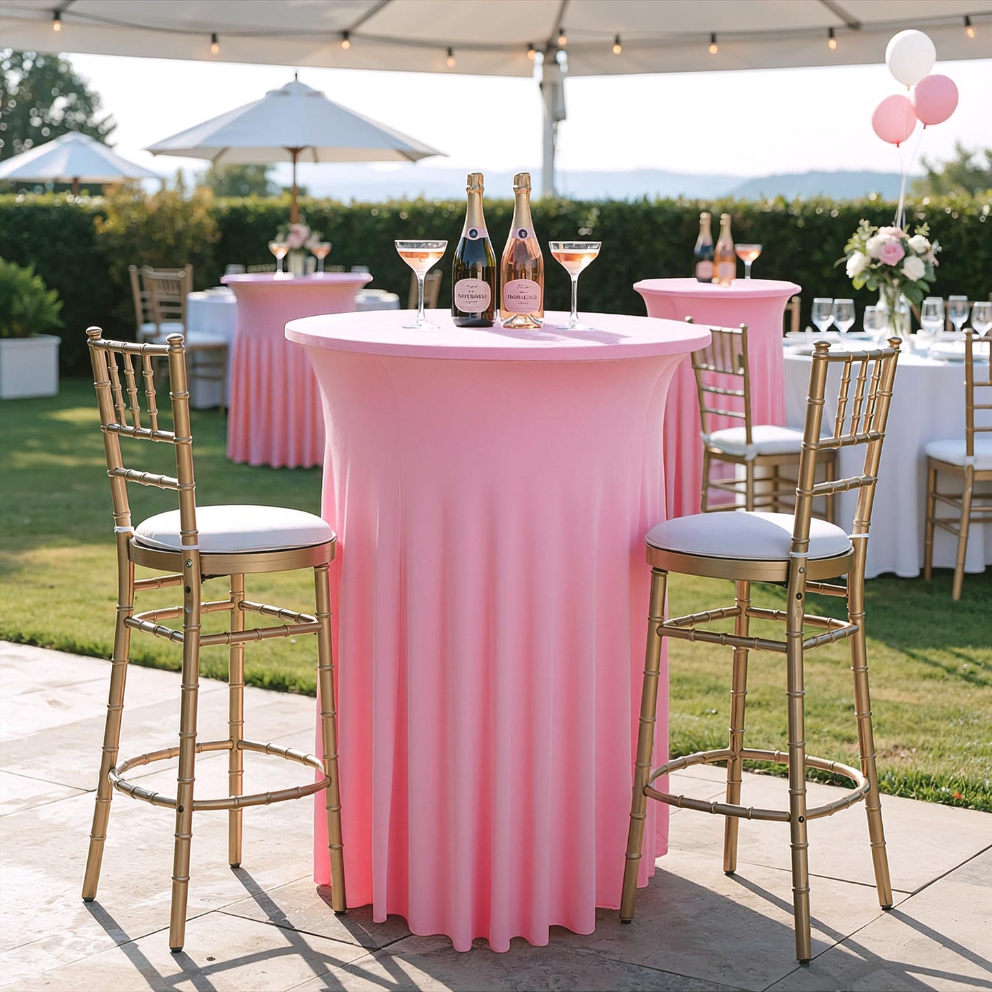 4 pk Pink Round High Top Cocktail Table Cloths 32inch×43inch, Wrinkle Free Stretchy Fitted Highboy Spandex Cocktail Tablecloth Table Covers with Pleats Skirts for Party Wedding Banquet Bar