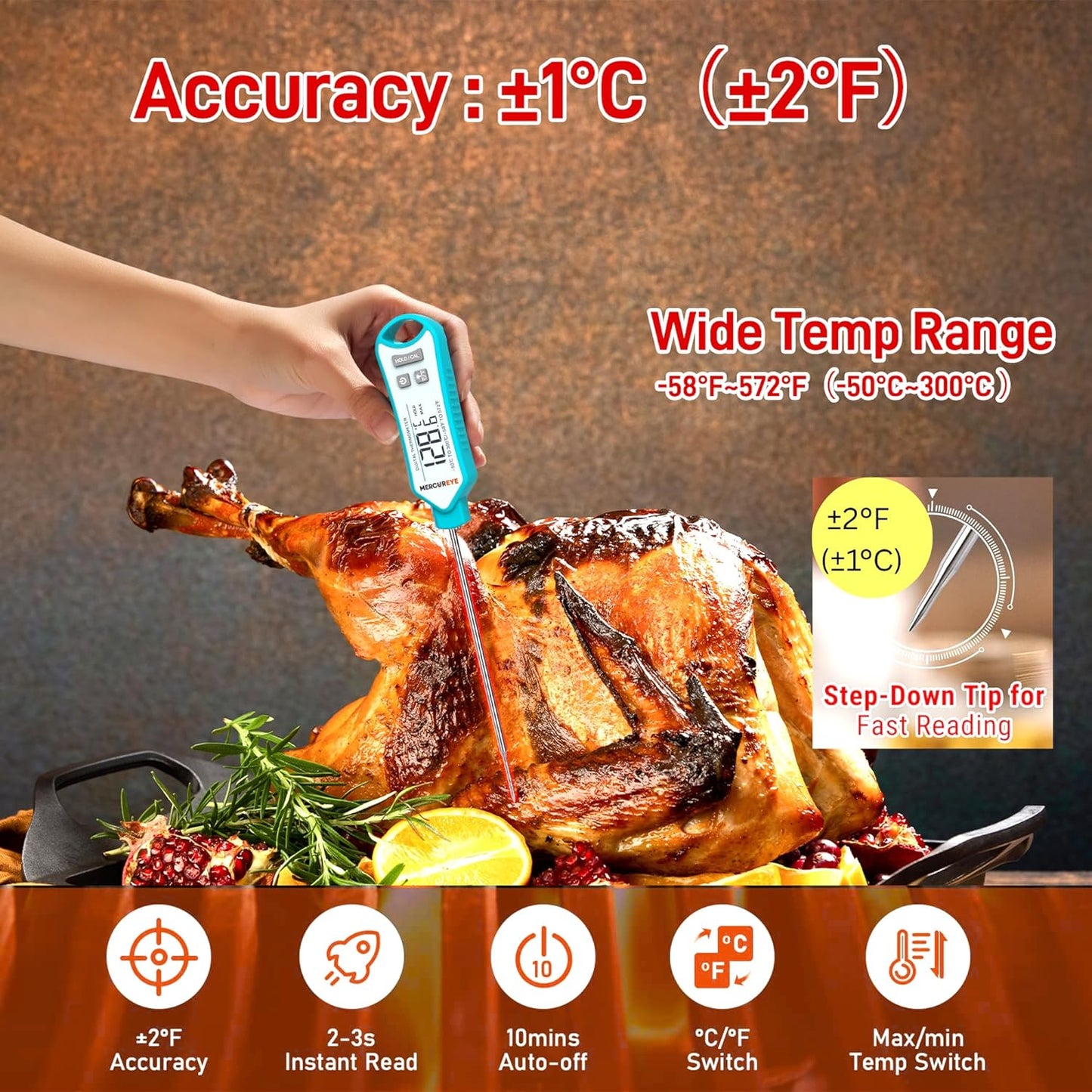 Meat Thermometer Digital - Instant Read Waterproof Kitchen Thermometer with Nonslip Grip | Perfect for Cooking, Candy, and Grilling