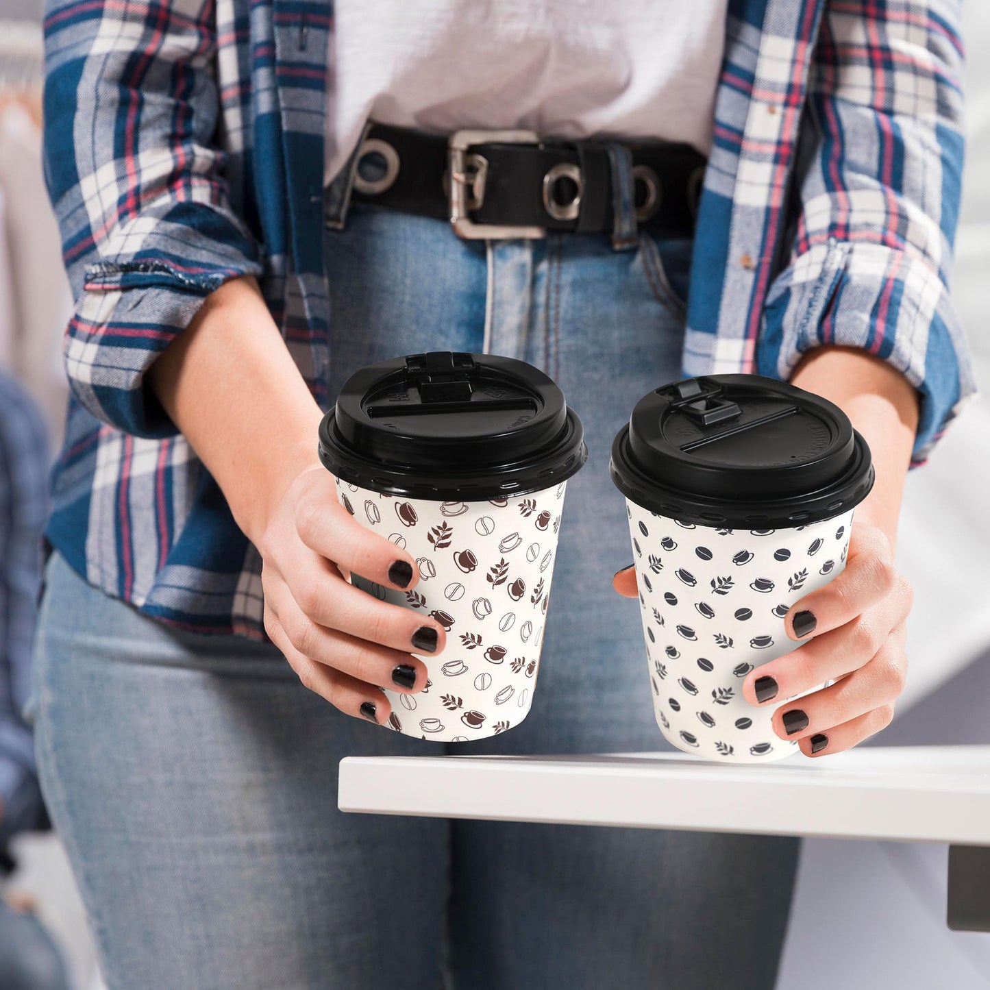 12oz To Go Coffee Cups with Lids, Sleeves and Stirrers (100 Pack), Disposable Paper Cups with two Designs for Home, Business and Café. Hot/Cold Beverage Drinking Cups for Water, Juice or Tea.