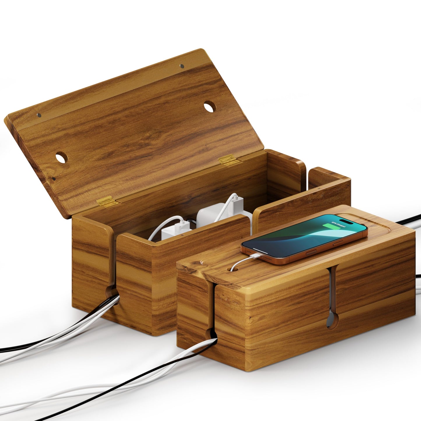 BLUEWEST 2-Pack Cable Management Box, Acacia Large Cable Cord Organizer Boxes for Power Strip – 3 Open Slots Wooden Cords Hider Box for TV Wires, Computer, Router, USB Hub and Under Desk Power Strip