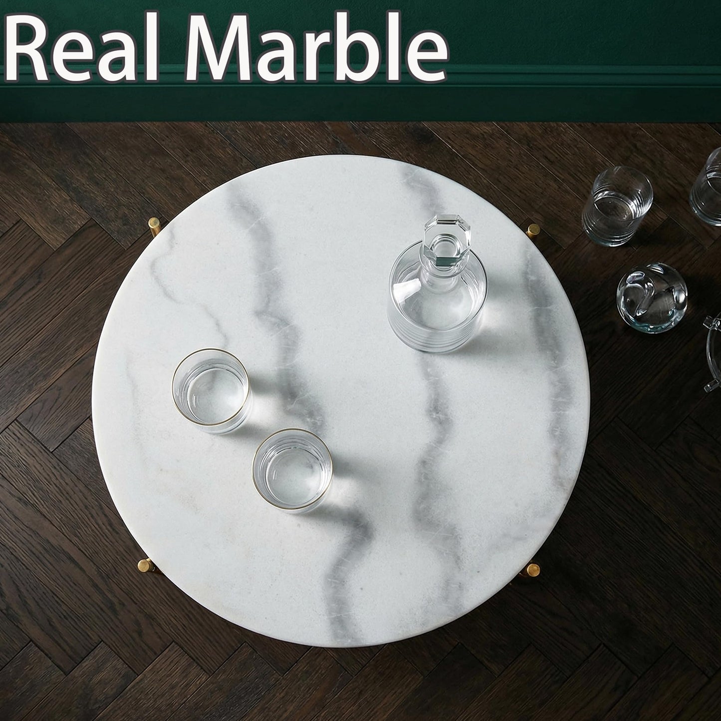 ALPOME Real Marble Side Table, No Assembly Required Round End Table for Living Room, 15" Modern Small Accent Bedside Table with Gold Metal Legs, Waterproof Nightstand for Sofa, Bedroom, White