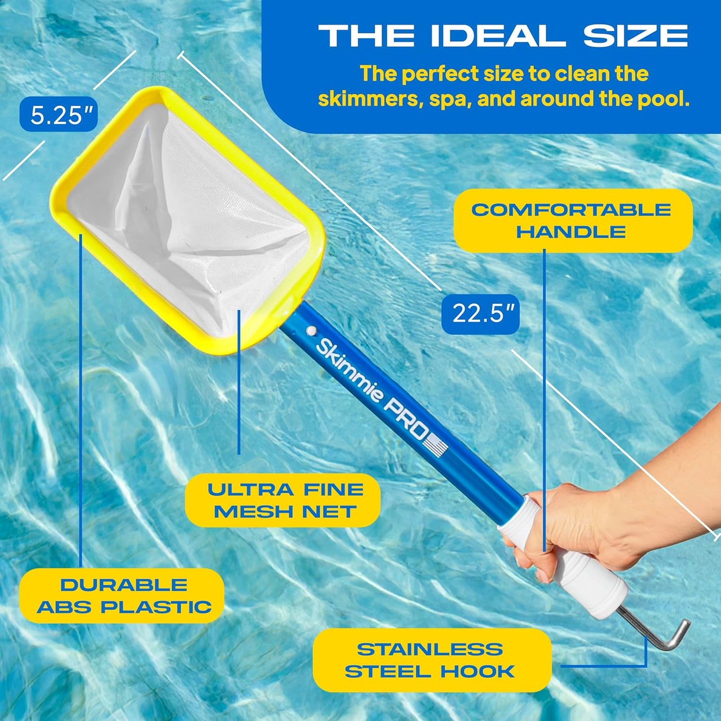 Skimmie Pro 22.5” Pool Skimmer - Lightweight Fine Mesh Net & Stainless Steel Hook | Perfect for In-Ground/Above-Ground Pools, Fountains, Ponds, Hot Tubs