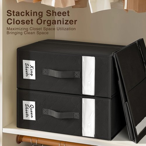 Homsorout Bed Sheet Organizer - Foldable Linen Storage with Window | XL 6-Pack for Blankets & Duvet Covers, Black