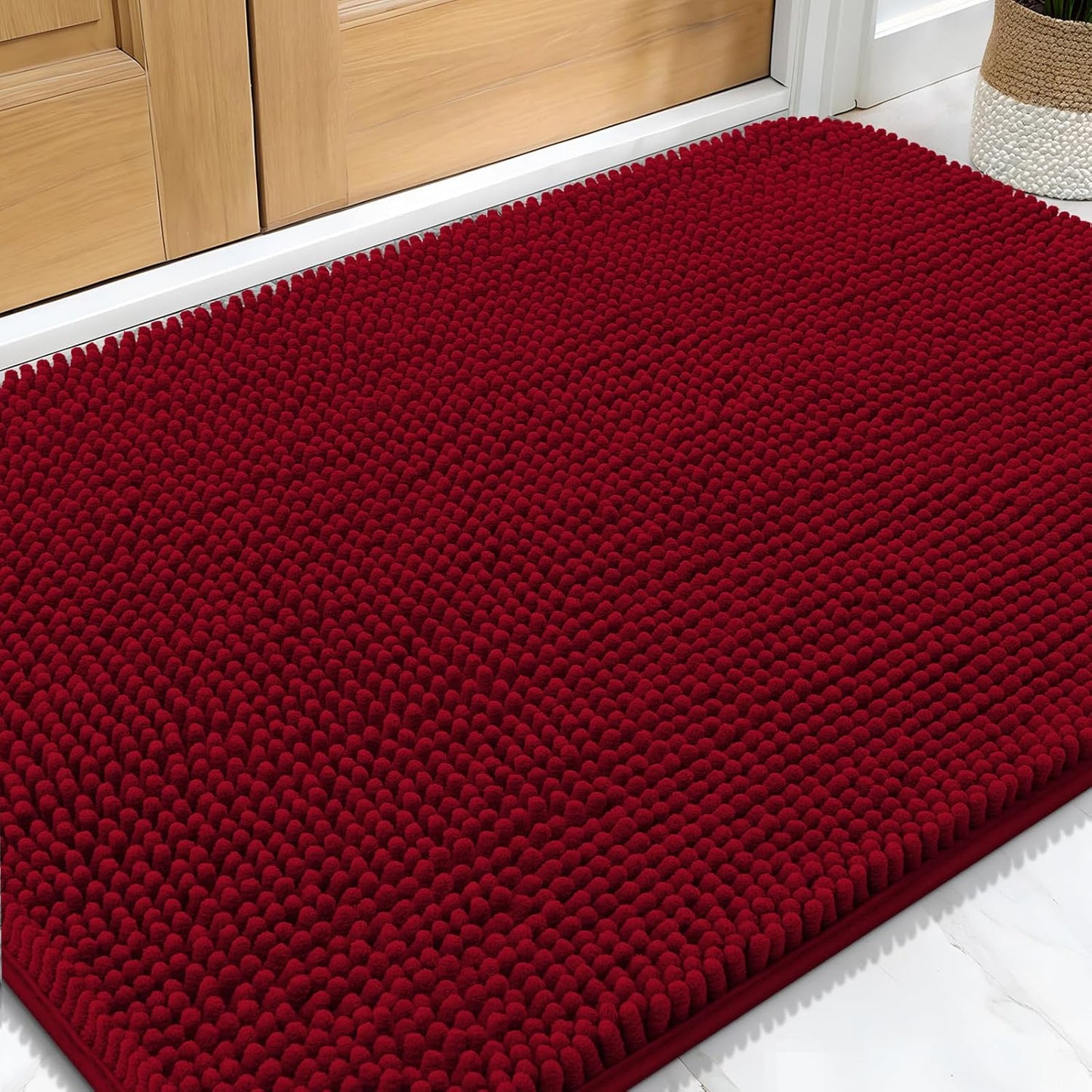 OLANLY Dog Door Mat - Absorbent Non-Slip Washable Mud Mat for Indoor Use | 34x21 Inches, Red