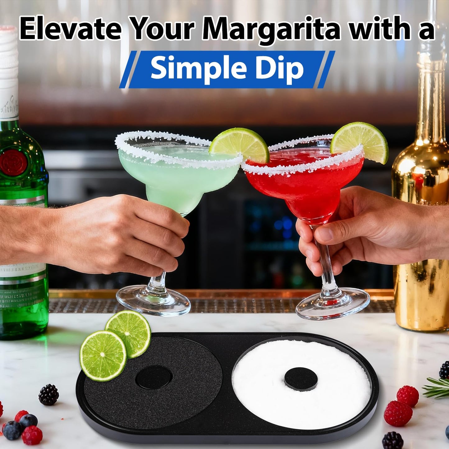 Margarita Salt Rimmer Set, 1 Pack Bar Salt and Sugar Rimmer with Sponge, 2-in-1 Bar Glass Cocktail Rim Set, Dishwasher Safe Black Barware Tools for Margarita Mojitos (Black)