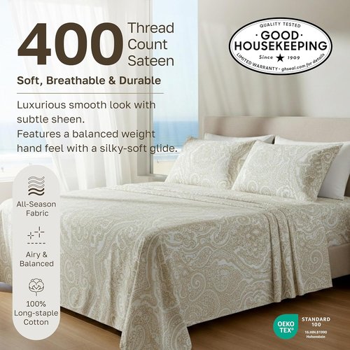 California Design Den Twin XL Cotton Sheets Set - 100% Soft Cotton, 400 Thread Count, Award-Winning Sateen Finish, Paisley Beige
