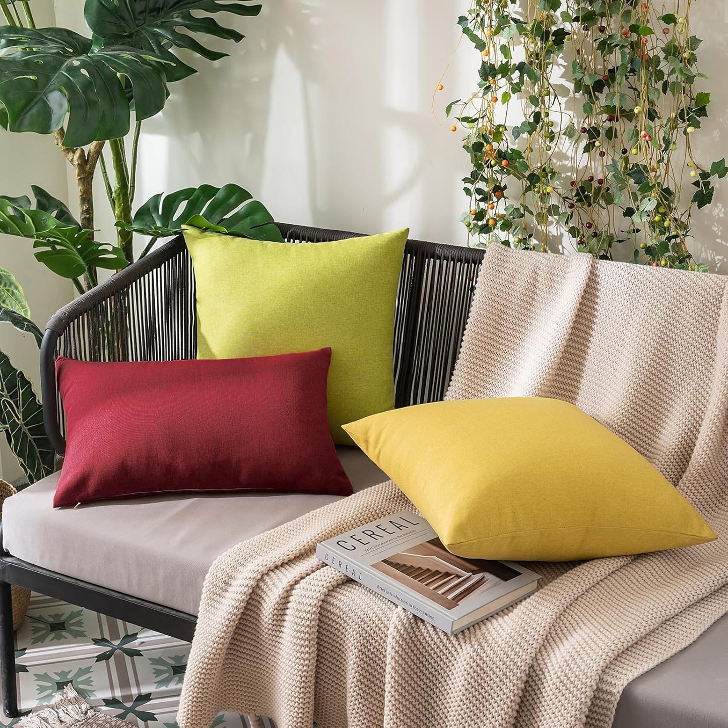 MIULEE Decorative Outdoor Throw Pillow Covers - Waterproof Faux Linen Cushion Cases | 20x12 Inch, Wine Red (Pack of 2)