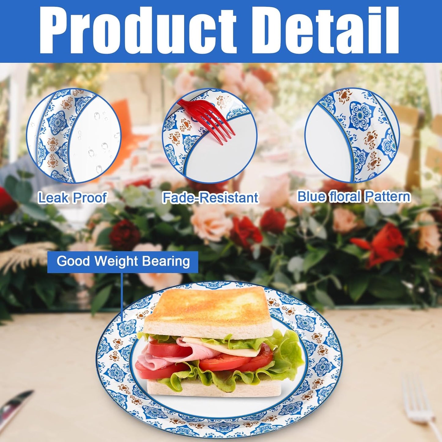 Skiennix 10-Inch Blue Floral Paper Plates - 50 Pack Heavy-Duty Disposable Tableware for Parties & Events