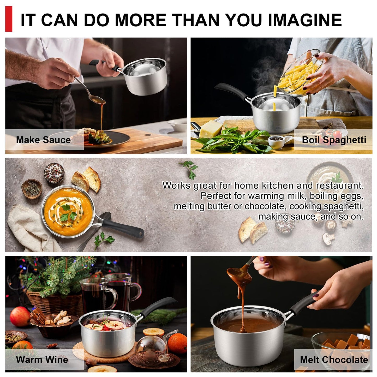 1 Quarts 18/10 Stainless Steel Saucepan, Joyfair Small Sauce Pan Milk Pot with Glass Lid for Cooking Stewing Boiling Spaghetti Soup, Extra Pan Wall & Heat-proof Bakelite Handle, Dishwasher Safe
