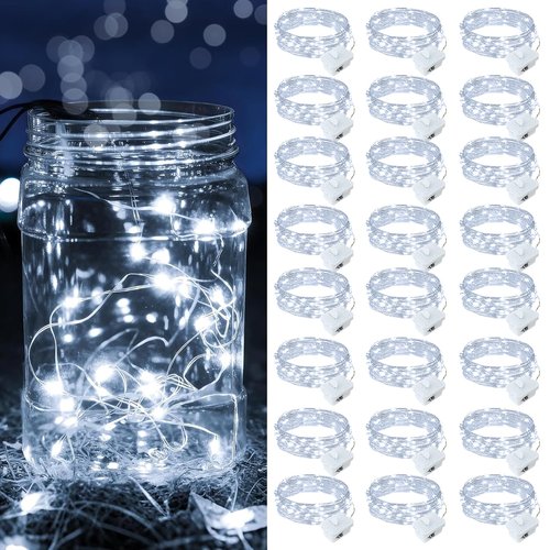 chzk 24 Pack White Fairy Lights Battery Operated, 7ft 20 LED Mini String Twinkle Lights for Christmas Halloween Easter Mason Jars Centerpiece Table Decorations (24, White)