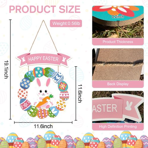Easter Decorations for Front Door, Wooden Hanging Bunny Egg Wreath, Happy Easter Porch Welcome Sign for Home Wall Spring Party Housewarming Gift(Easter Bunny)