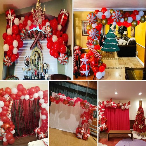 Bonropin Christmas Balloon Arch Kit - Red White Balloons, Candy Balloons, Red Star Foil Balloons, Candy Cane Foil Balloons, Box Foil Balloons for Xmas Balloon Garland Kit Christmas Party Decorations