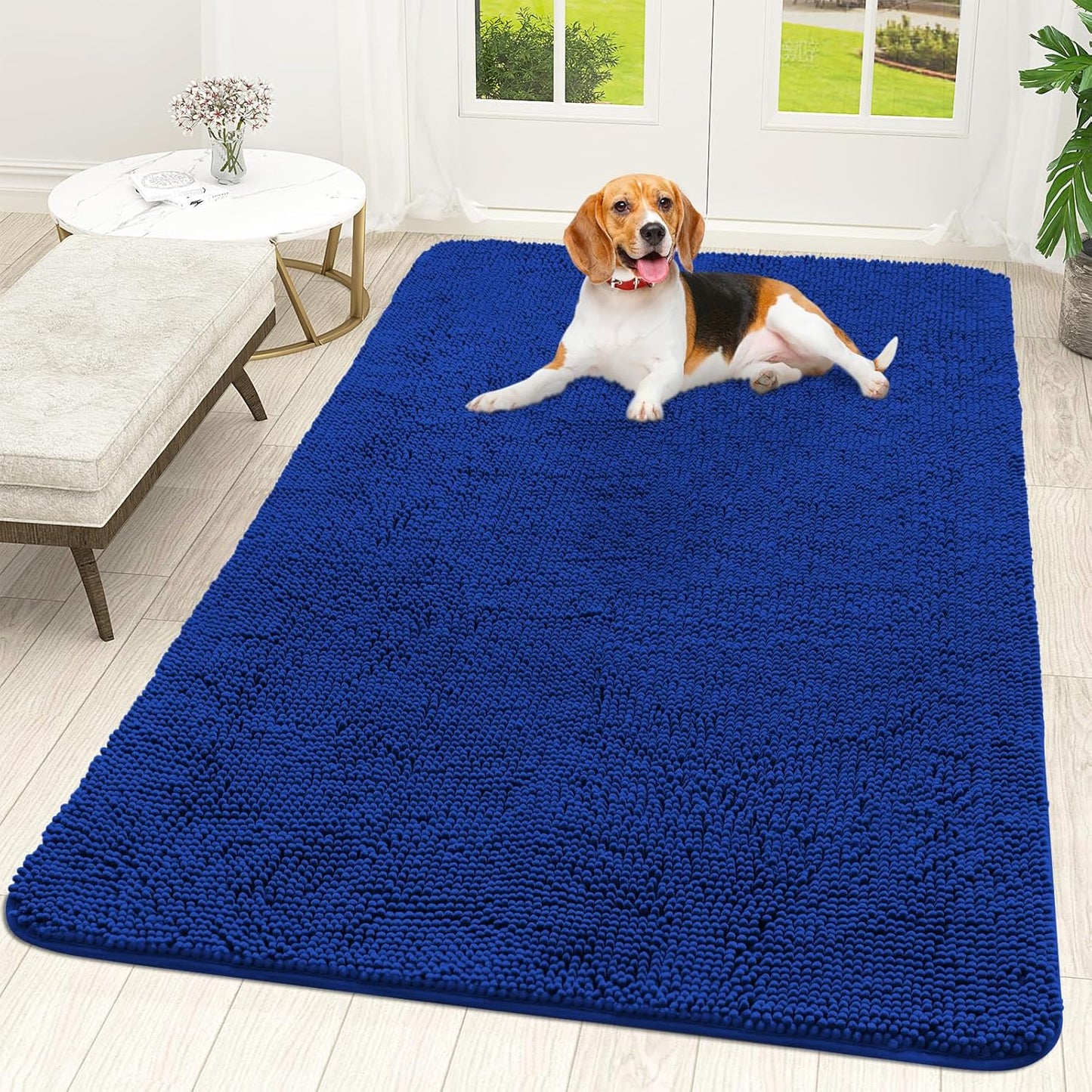 OLANLY Dog Door Mat - Absorbent Non-Slip Washable Chenille Mat for Muddy Paws | 59x35 Royal Blue