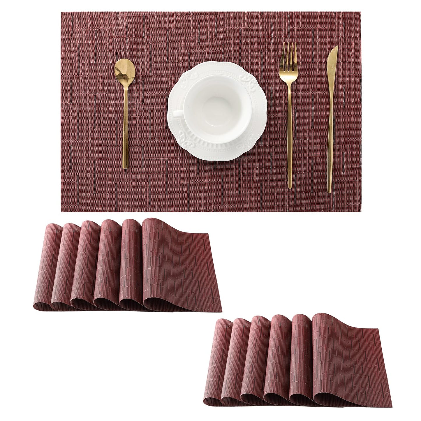 Leetaltree Burgundy Placemats Set of 12 - Heat Resistant Non-Slip Place mats for Dining Table, Washable Durable PVC Vinyl Woven Table Mats（Burgundy, 12）