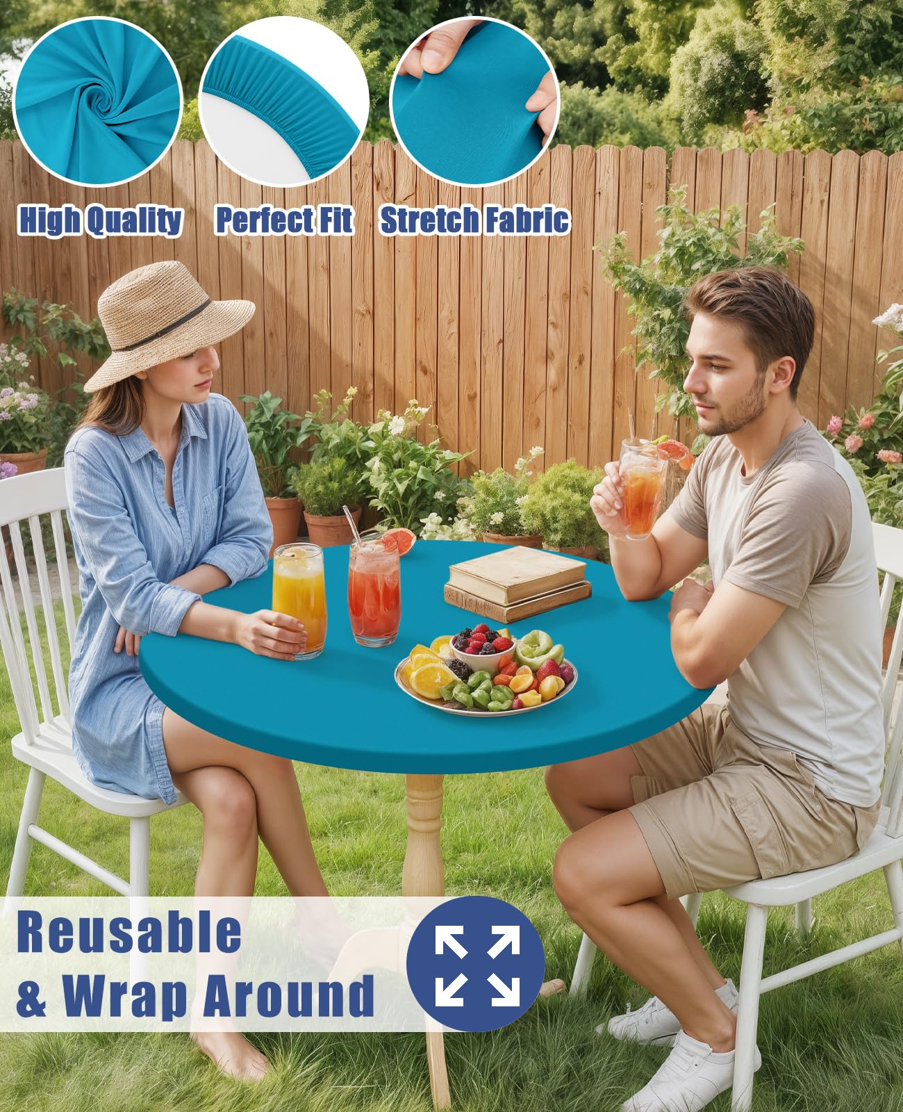 Moosfor Round Spandex Tablecloth, Elastic Fitted Waterproof Tablecloths for 42"-50" Tables, Stretch Washable Picnic Table Cover for Camping, Dining, Indoor and Outdoor, Turquoise