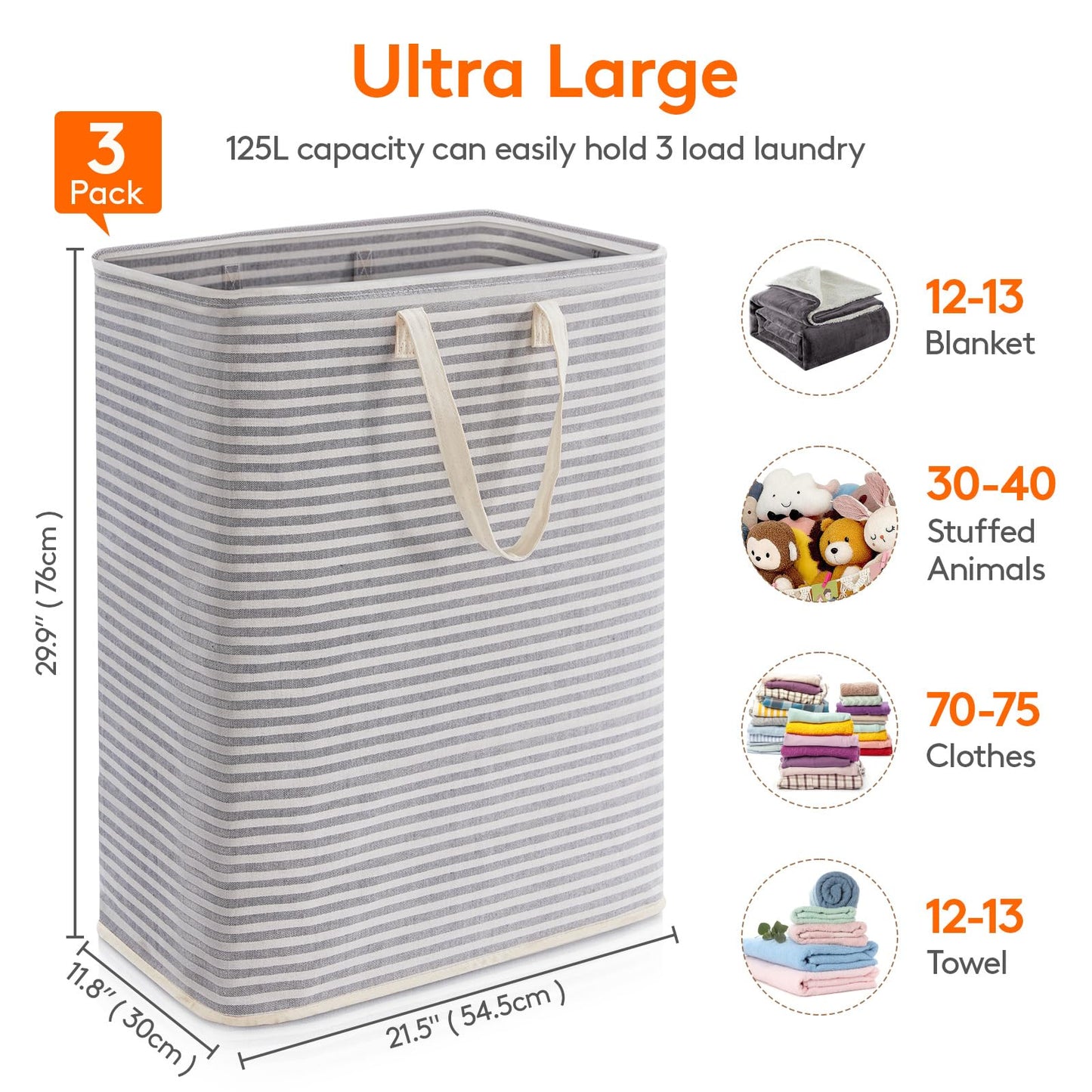 Lifewit 3 Pack Laundry Basket 125L Each, Collapsible Clothes Hamper with Reinforced Handles, Freestanding Waterproof Design for Bedroom and Laundry Room, Grey 375L Total