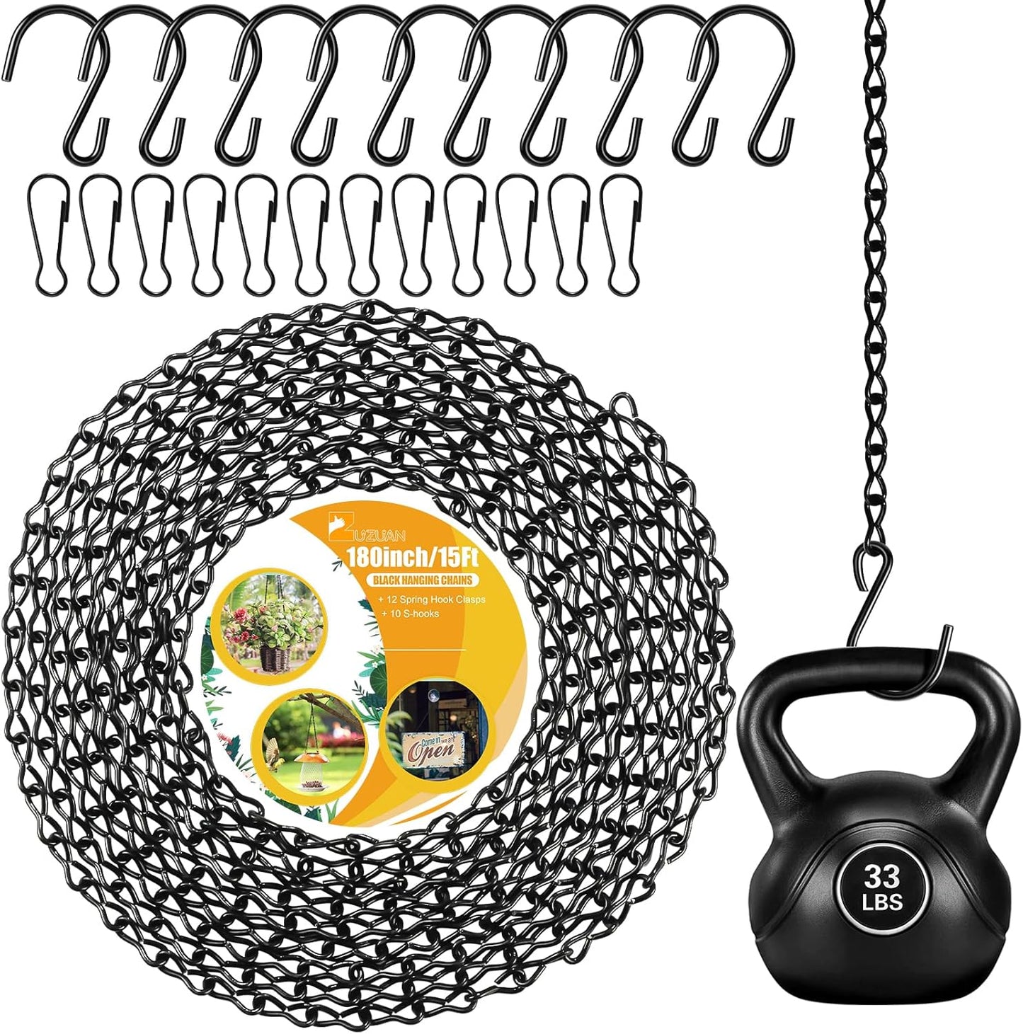 Skiennix Heavy Duty Metal Hanging Chains - Durable Hooks Set for Planters, Bird Feeders & Lanterns - Black