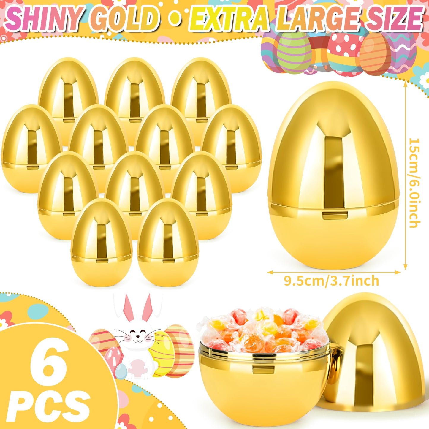 Octeric 12 Pcs 6" Jumbo Golden Easter Eggs, Fillable Shiny Metallic Plastic Eggs for Filling Treats Toys Gift Baskets Filler Stuffers, Easter Hunt Decor, Party Favor, Classroom Prize Supplies