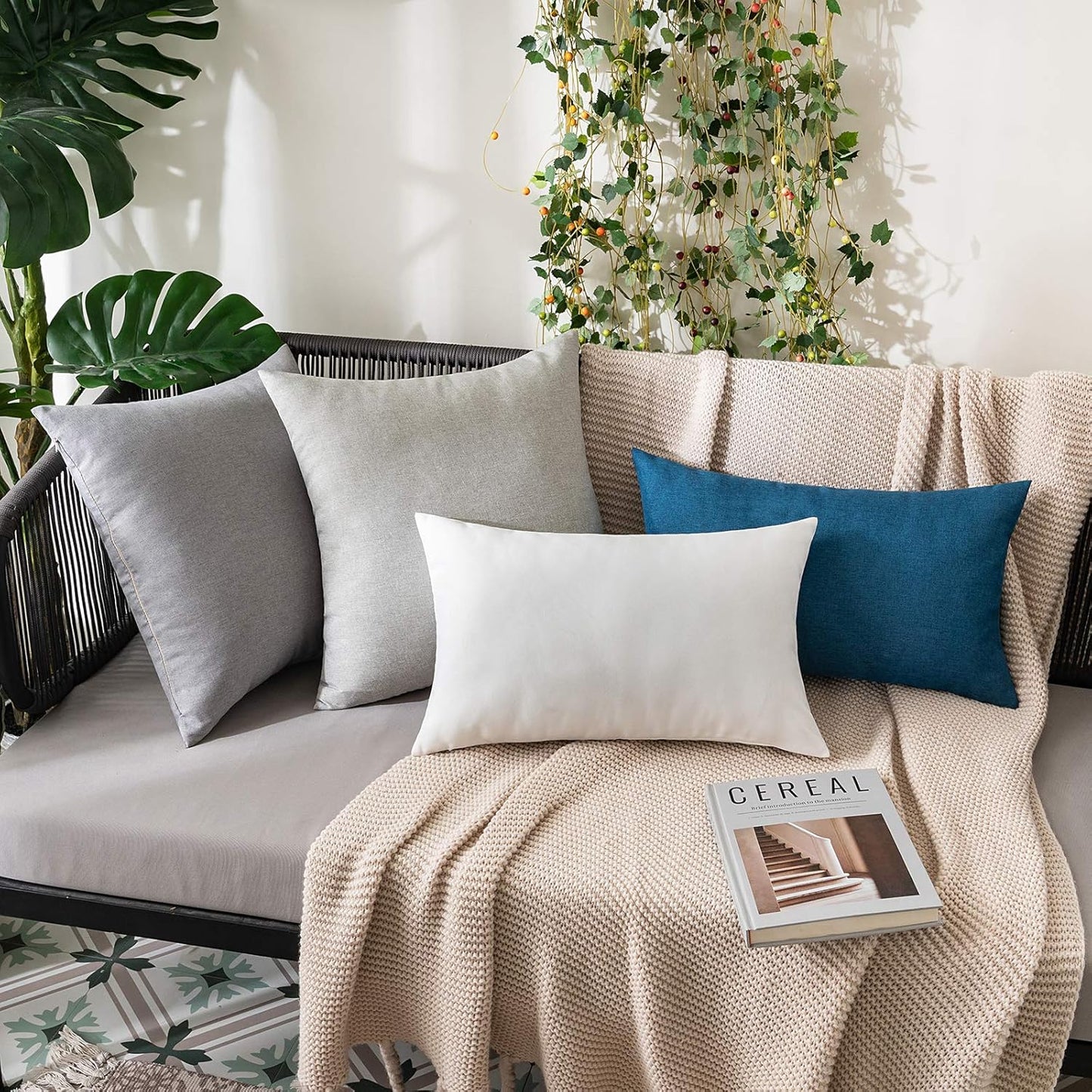 MIULEE Decorative Outdoor Throw Pillow Covers - Waterproof Faux Linen Cushion Cases | 20x12 Inch White (Pack of 2)