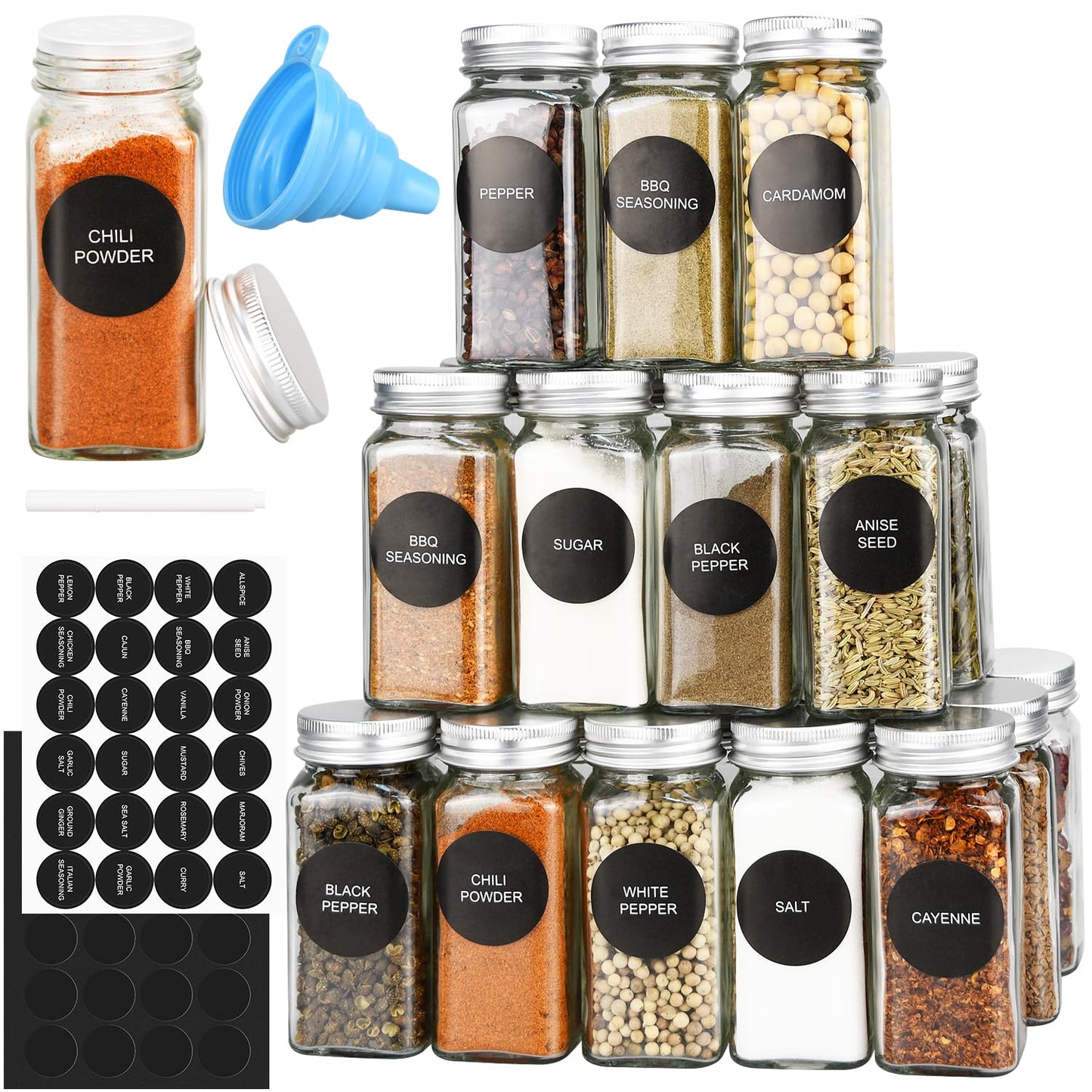 DkOvn 24pcs Glass Spice Jars, 4oz Empty Spice Jars with Metal Caps, Labels, Shaker Lids, Collapsible Funnel, Chalk Pen, Seasoning Organizer for Spice Rack
