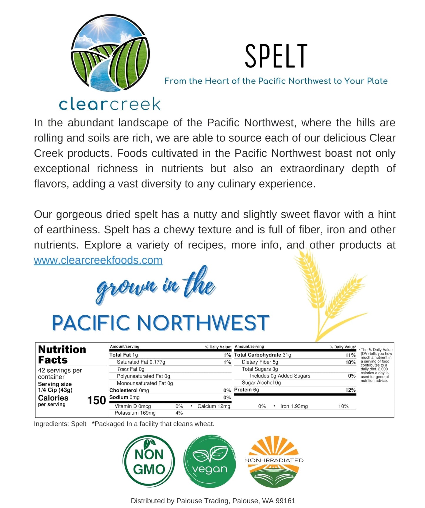 CLEAR CREEK Spelt Berries | 4 lb | Vegan | Non-GMO Project Verified | North American Grown