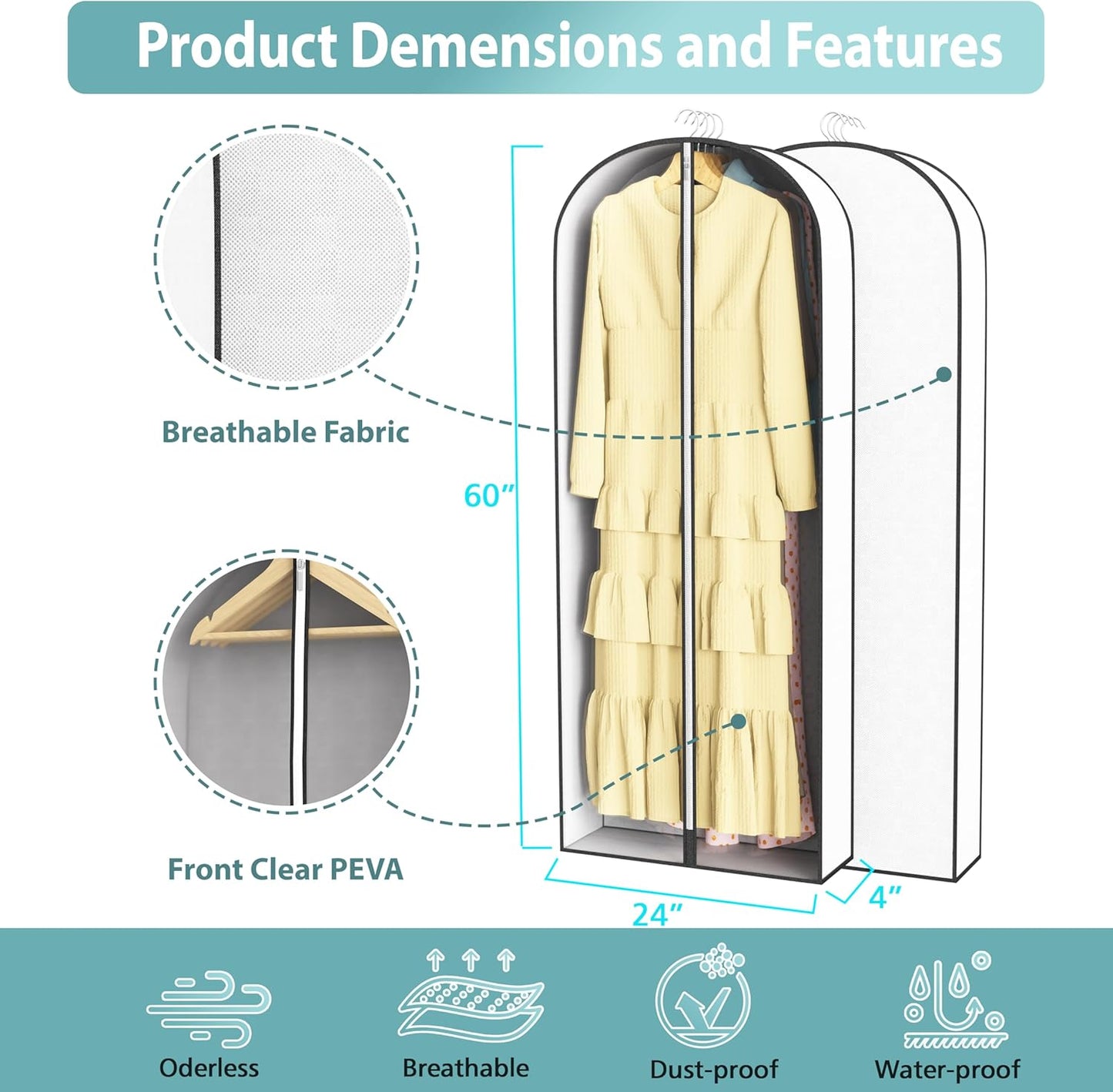 Liuoud 60” Garment Bags - Breathable Fabric with Clear Window & Metal Zipper | 5 Pack for Dresses & Suits
