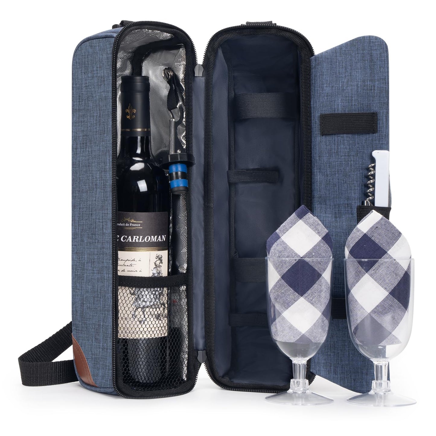 ALLCAMP Wine Bag - Insulated Cooler Bag with Wine Glasses, Bottle Opener & Wine Accessories for Wine Lovers - Portable Wine Gift Bag for Travel, Picnics, and Gift Ideas(Blue)