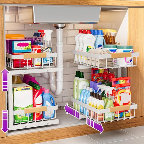 ADBIU Under Sink Organizer - Adjustable 2-Tier Pull-Out Storage Drawers (11"-15.75") | Heavy-Duty Metal, White