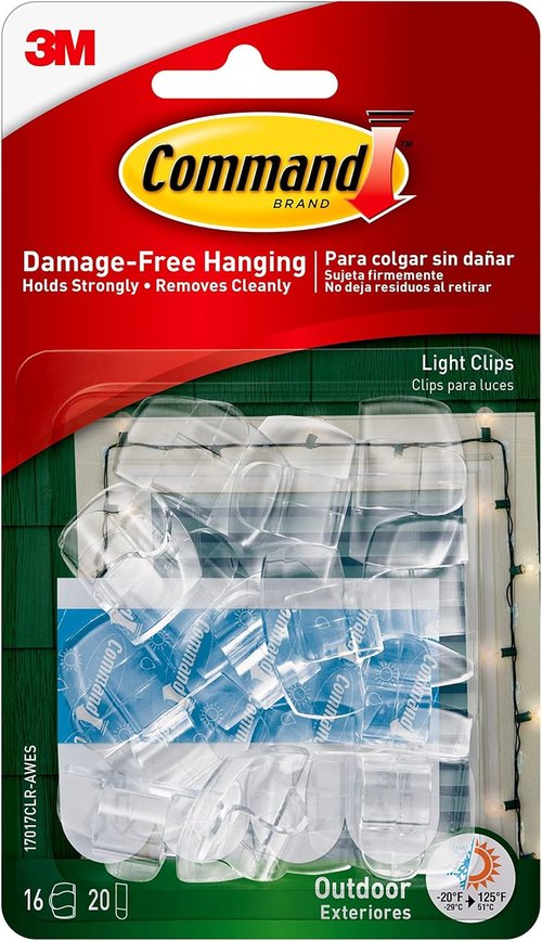 Command Outdoor Light Clips - Water-Resistant Adhesive | 16 Clips & 20 Strips - Clear (17017CLR-AWES)