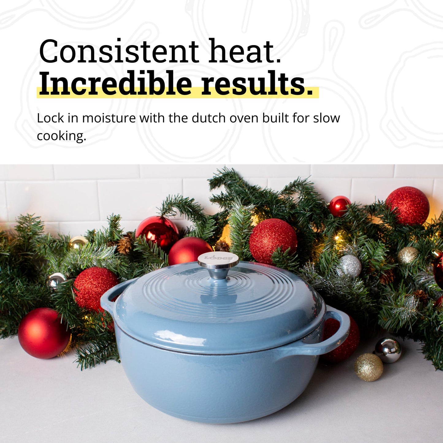 Lodge 3 Quart Enameled Cast Iron Dutch Oven with Lid – Dual Handles – Oven Safe up to 500° F or on Stovetop - Use to Marinate, Cook, Bake, Refrigerate and Serve – Storm Blue