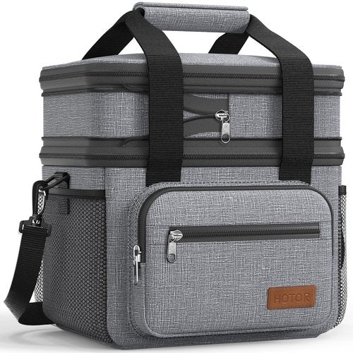 HOTOR Lunch Box for Men & Women - Double-Layer Insulated Lunch Bag with Leakproof Liner, Portable Cooler for Work, Travel, or Picnic, Grey, 12L, 11.1" x 9.7" x 6.7"